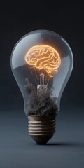 Poster - a light bulb with a brain inside of it. the bulb is lit up and the brain is glowing. concept of inte