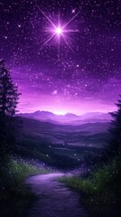 Wall Mural - Dreamy Purple Starry Night Sky Over Mountain Landscape with Winding Path and Trees, Fantasy Art Style, Nature Scene