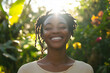 © mittpro - Smiling black woman enjoying sunlight in a green garden with eyes closed and a warm smile