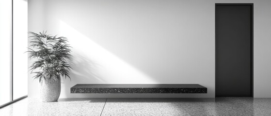 Poster - Minimalist Interior Scene with Plant and Shelf in Modern Style Bright Room with Black Door and Terrazzo Floor