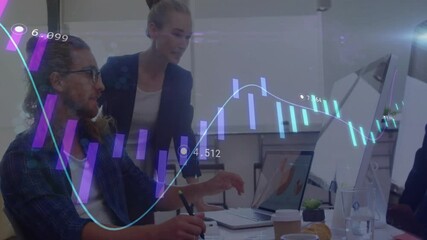 Poster - Man using stylus and woman reviewing laptop screen in business, displaying animated data charts