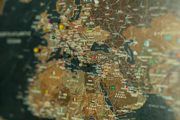 Aufkleber - Detailed world map with push pins marking locations in Europe and the Middle East. Travel, geography, exploration.