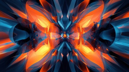 Poster - Abstract fractal art shows blue and orange luminous shapes. Use it for modern tech or energy concepts and futuristic designs.