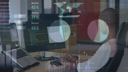 Poster - Female software developer coding at desk, viewing code display with floating pie charts world map