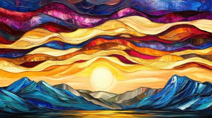 Aufkleber - Abstract Oil Painting of Mountain Landscape at Sunset with Colorful Sky and Reflections in Water