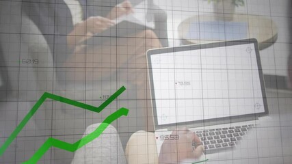 Poster - Team collaborating on laptop in lounge analyzing finance chart with green trend lines  and  red arro