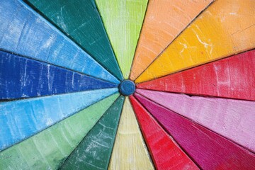 Poster - Colorful Wooden Wheel Close Up Displaying Vivid Hues in Radial Pattern Overhead Shot