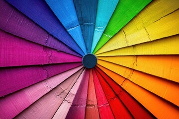 Poster - Vivid Spectrum of Wooden Color Swatches Radiating from Center Point Overhead Shot Abstract Art