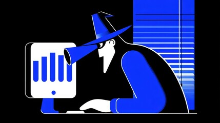 Poster - illustration of a spy in a hat and trench coat, secretly observing data on a computer screen in a da