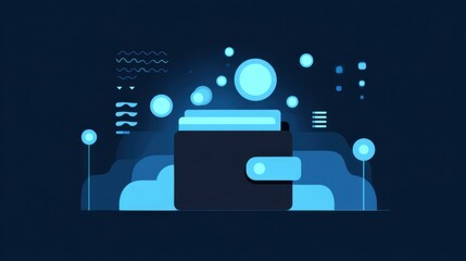 Poster - A digital wallet illustration with floating icons and abstract shapes in blue tones on a dark background.