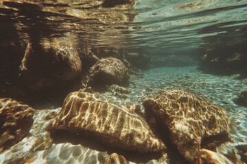 Poster - Underwater Landscape View of Rocks and Sand with Sunlight Ripples in Clear Water Location Shot