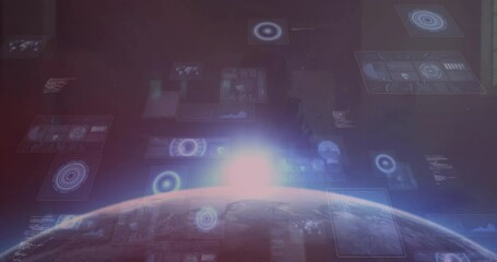 Poster - Designers integrating Earth orbit holographic HUD elements, showcasing technology data analytics