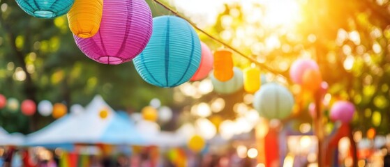 Poster - Colorful Paper Lanterns Hanging at Outdoor Summer Festival Low Angle Warm Sunlight Bokeh Background Celebration Event Decor