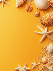 Poster - Seashells and Starfish on Golden Background Flat Lay Summer Beach Vacation Concept Top View Studio Shot Copy Space