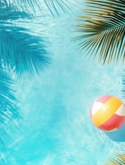 Poster - Beach ball floats in blue pool water with palm fronds casting shadows overhead summer vacation concept