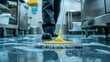 © gentho - Person mopping a shiny floor in a commercial kitchen. Cleanliness, hygiene, and maintenance