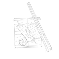 Poster - A drawing of a plate of food with chopsticks and a drink. The plate has a piece of meat and a slice of tomato