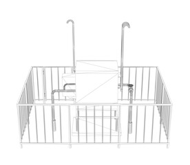Poster - A drawing of a Gas distribution station. The building is surrounded by a fence. Isometric view. 3D