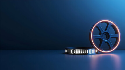 Poster - Glowing Film Reel In Dark Blue Studio Setting