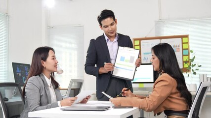 Poster - Professional business team analyzing financial data, strategizing project goals with collaborative approach in contemporary office workspace, leveraging technology and shared expertise