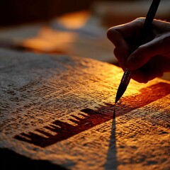 Poster - Crafting an Ancient Manuscript: Calligraphy in Dramatic Light, Illuminating the Art of Writing