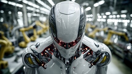 Poster - Humanoid ai robot performing tasks inside a large industrial factory environment