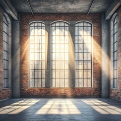 Poster - Empty loft interior with sunlight streaming through large arched windows casting shadows on the floor in an industrial space