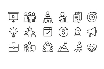 Poster - Web icons representing various concepts for presentations, teamwork, planning, and collaboration in a professional setting