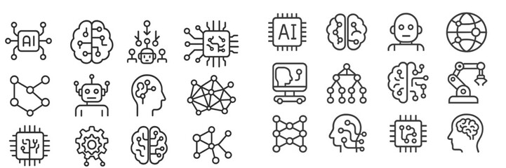 Leinwandbilder - Set of web icons featuring artificial intelligence, robots, and network connections in simple line design
