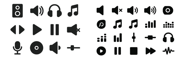 Leinwandbilder - Variety of web icons showcasing audio and media controls in a simple black and white design for digital interfaces