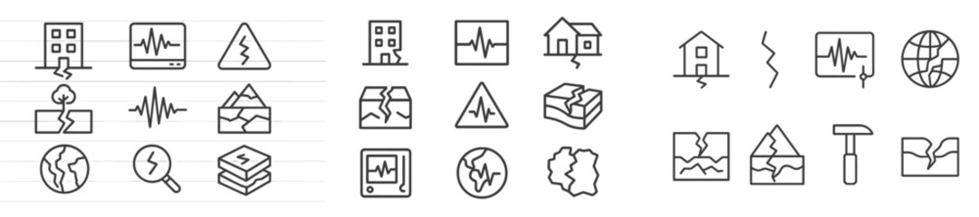 Poster - Set of web icons depicting various earthquake-related themes such as buildings, damage, and seismic activity in a minimalist design