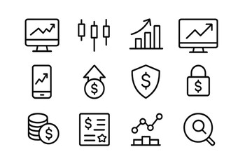 Poster - Set of web icons representing financial growth, security, and analysis in a minimalist style for digital applications