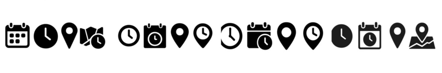 Leinwandbilder - Collection of web icons featuring clock, calendar, location marker, and stopwatch designs for digital applications