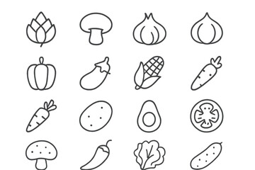 Poster - Collection of simple line icons representing various vegetables and mushrooms for web use