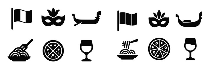Aufkleber - Collection of web icons featuring food, beverages, and festive symbols in black silhouette style