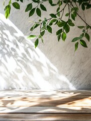 Poster - Minimalist Product Display with Green Leaves and Marble Wall in Natural Light Studio Shot