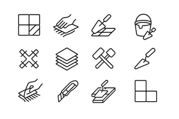 Poster - Set of web icons depicting various tools and activities related to construction and tiling tasks