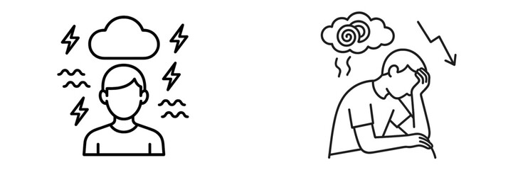 Poster - Collection of web icons representing mental health concepts such as stress and anxiety illustrated in a minimalistic style