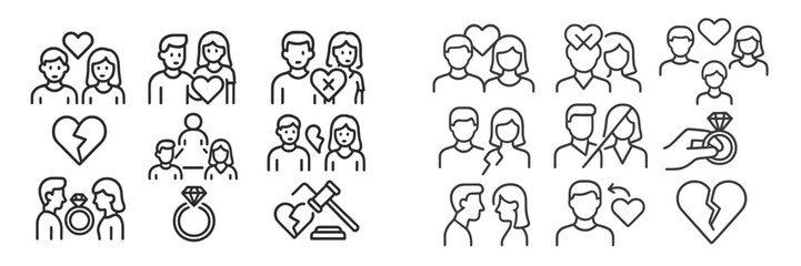 Poster - Collection of web icons illustrating relationship themes including love, heartbreak, and engagement actions