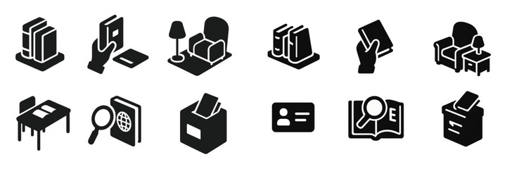 Poster - Collection of black and white web icons featuring books, furniture, and study-related symbols designed for digital use
