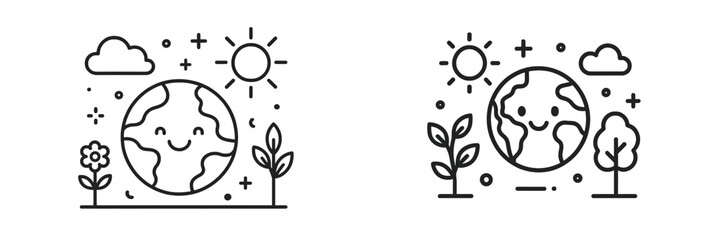 Poster - Collection of cheerful web icons featuring Earth surrounded by nature in a simple, minimalist design