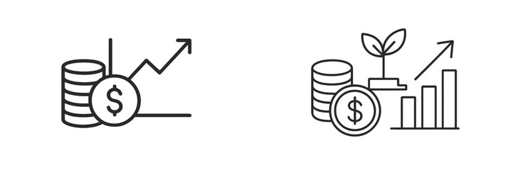 Poster - Set of web icons illustrating financial growth and investment concepts with coins, charts, and a plant symbolizing progress over time