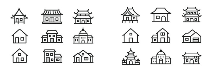 Poster - Collection of web icons depicting various architectural styles including houses, temples, and buildings for digital design