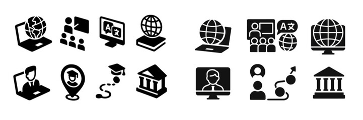 Poster - Collection of web icons representing online learning, educational tools, and global communication for digital platforms