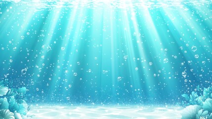 Poster - Serene underwater scene with sunbeams and bubbles creating a dreamy atmosphere background illustration