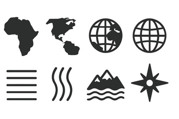 Aufkleber - Collection of web icons depicting continents, landscapes, and natural elements designed for digital applications