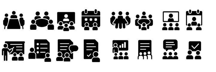 Poster - Collection of black web icons representing various activities such as meetings, collaboration, and document sharing in a digital environment