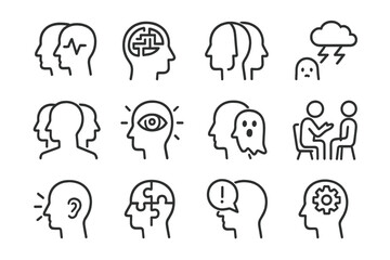 Poster - Set of web icons depicting various mental health concepts and interactions in a simple, minimalistic design