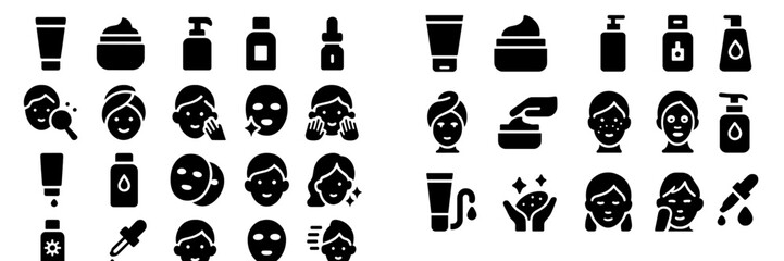 Poster - Collection of black web icons representing skincare products and routines for beauty websites and applications