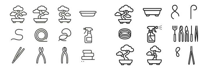 Poster - Line art web icons featuring gardening tools and bonsai designs suitable for nature-themed projects and applications